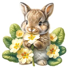 Aufkleber - Whimsical bunny with flowers illustration created with Generative AI technology