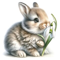 Aufkleber - Whimsical bunny with flowers illustration created with Generative AI technology