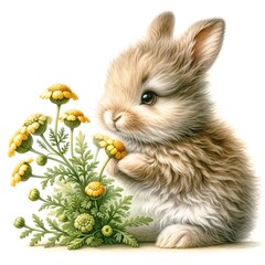 Aufkleber - Whimsical bunny with flowers illustration created with Generative AI technology