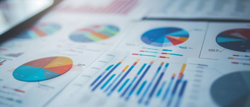 in-depth business analysis captured through vibrant pie charts and bar graphs on a document, showcas
