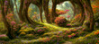 Secluded forest glade with ancient old curvy trees and enchanting fantasy of spring season multi-color flowers in bloom, misty fairytale woods with calming sense of tranquility outdoor in nature.
