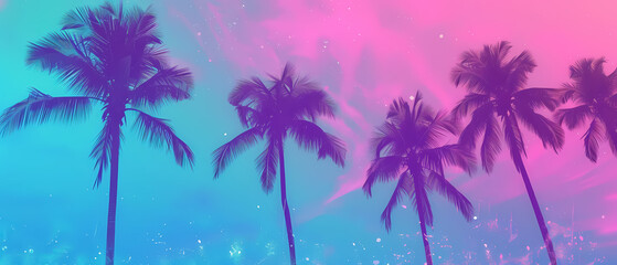 Wall Mural - Bright neon landscape with sea and palm trees background.
