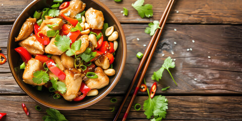 Wall Mural - Spicy Kung Pao Chicken with Peppers and Sesame. Succulent Kung Pao Chicken garnished with green onions, red chili peppers, and sesame seeds, served in a bowl.