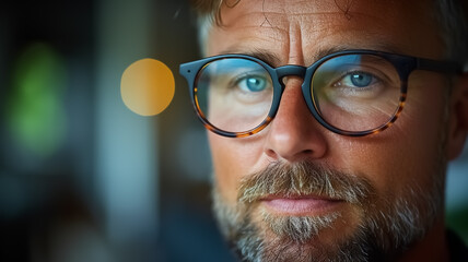 Wall Mural - Close-up shot of a man wearing his Smart Glasses, stylish eyeglasses for man, light through eyeglasses, new technology, a mixed-reality, super close-up face