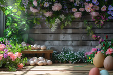 Happy Easter Background Wallpaper, Eggs Color In The Spring Garden In The Morning With Flowers