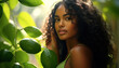 Portrait of young black woman in jungle, skin care beauty, skincare cosmetics, natural make up, green leaf. 