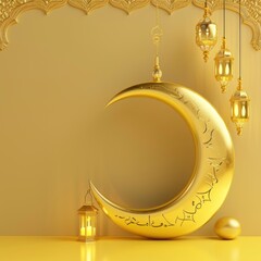 gold and yellow color islamic concept Ramadan and Eid al-Fitr 3d image, golden half moon with date and lantern lights new decoration Eid al-Fitr image copy space - generative ai