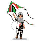 Fototapeta Dinusie - Child from Gaza, little Boy with Keffiyeh and holding a flying kite symbol of freedom Vector illustration isolated on White