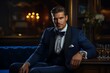 A debonair gentleman in a well-fitted tuxedo and a brilliant blue satin bow tie, relishing a quiet evening in an upscale bar, radiating an air of sophistication