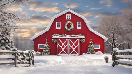 Poster - holiday christmas red barn