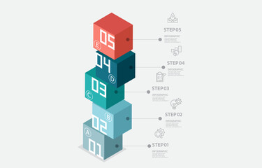 cube isometric infographics timeline element business data steps report layout template background with business line icon 5 steps