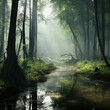 Serene swamp forest landscape enveloped in a light mist, capturing the essence of a quagmire in spring. AI generative.