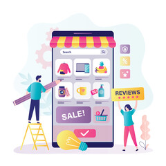 Mobile app or internet shop development concept. Group of developers and designers create e-shop application. Teamwork, creation of an online store.