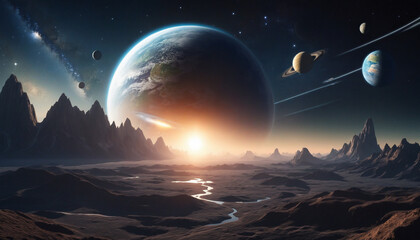 Wall Mural - futuristic space scene with planets in the sky