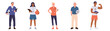 Man and woman different sports trainers cartoon characters dressed in sportswear holding equipment