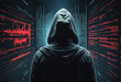 © SR07XC3 - Hooded hacker gazes at glowing code on screen from behind.