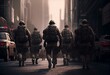 group of soldiers walking down a street, realistic and conceptual illustration, usable for marketing and advertising. Generative AI