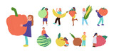 Fototapeta Panele - Adult people and children cartoon character carrying or hugging fresh healthy fruits and vegetables