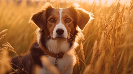 dog looking around in the grass field with sunset light.