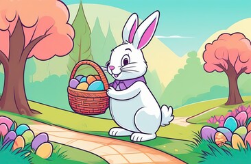 Wall Mural - an Easter bunny hugs another Easter bunny on a path in a park, next to a wicker basket with colored eggs, trees in the background