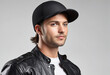 © SR07XC3 - Motorcycle rider showcasing black helmet against white backdrop