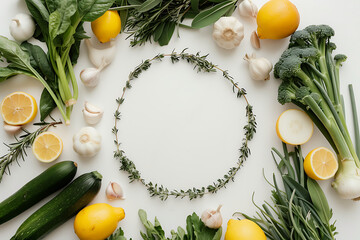 a circle of vegetables lemons and garlic in the style