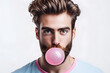 Close up portrait of Handsome man chewing pink bubble gum