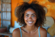 © Gonzalo - Photo of dreamy cheerful lady wear blue singlet smiling recording video vlog isolated orange color background