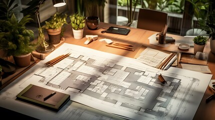 Wall Mural - Architectural plans with landscape design on the desk. Top view