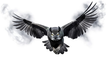 Wall Mural - Image of an owl is flying and black smoke before white background. Birds. Wildlife Animals.