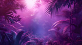 Fototapeta Konie - Tropical jungle with exotic plants in purple blue light and haze. Summer wallpaper with copy space.