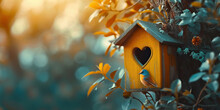A Brightly Colored Yellow Birdhouse Featuring A Heart-shaped Window, Providing Shelter For Birds.