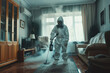 pest control worker in a protective suit sprays insect poison in a living room