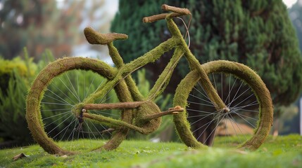 Wall Mural - An eco-friendly bicycle with a basket overflowing with lush green leaves, symbolizing sustainable and healthy transportation in an urban environment.