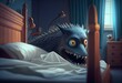 cartoon scene with evil wolf spying in bed illustration for children. Generative AI