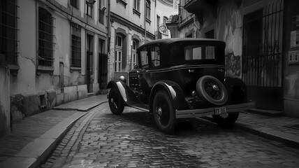 Wall Mural - Vintage Classic Car Roadster on Cobblestone Street in Black and White