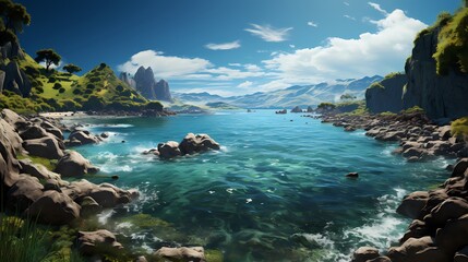 A panoramic view of a secluded cobalt blue ocean cove, surrounded by lush green cliffs