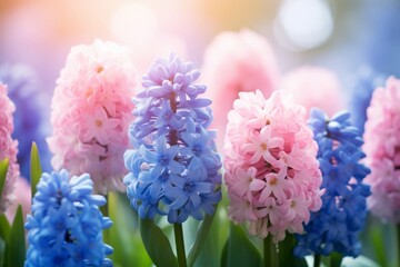 Wall Mural - Vibrant pink and blue hyacinth flowers in full bloom, symbolizing spring and natural beauty.