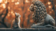 A small kitten sits and looks up at a stone lion statue in an autumn setting with orange leaves. illustrating a contrast in dream, size and strength