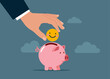 © Vadym - Hand putting smiling emoji a piggy bank. Work motivation. Employee happiness, job satisfaction. Modern vector illustration in flat style