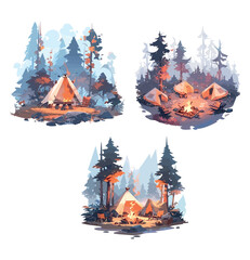 Wall Mural - camp scenes with fire, tent, and forest. whimsical vector cartoon illustration of outdoor life, tree