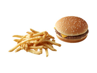 Wall Mural - Cheese burger - American cheese burger with Golden French fries Isolated on transparent background.