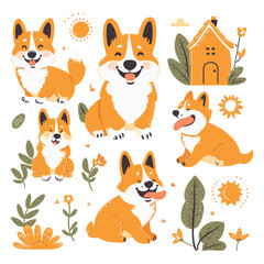 Wall Mural - Corgi dog phoenician art stickers set. Naive charm in captivating visual storytelling style. Light orange and white hues, doodles and lines details, vector illustration isolated on white background