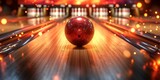 Fototapeta  - 3D Rendering Of A Bowling Ball Striking Pins To Score A Strike. Concept Bowling Strike, 3D Rendering, Strike Pose, Bowling Pins, Bowling Ball