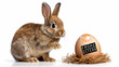 Frohe Ostern Konzept Feiertag Grußkarte mit deutschem Text - Süßer kleiner Osterhase, Kaninchen sitzt in einem Osternest mit Osterei auf Tisch, isoliert auf weissem Hintergrund