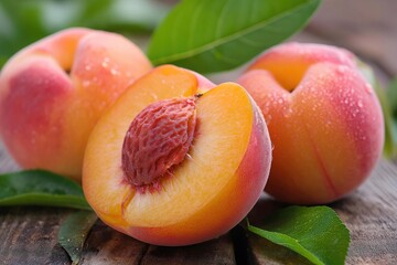 Wall Mural - Fresh peaches arranged on top of a sturdy wooden table, showcasing their vibrant colors and natural beauty.