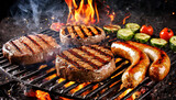 Fototapeta Tęcza - Grilled delicious beef steaks and grillwurst with vegetables and herbs over flames on outdoor grill