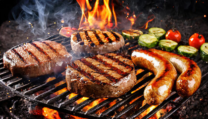 Wall Mural - Grilled delicious beef steaks and grillwurst with vegetables and herbs over flames on outdoor grill