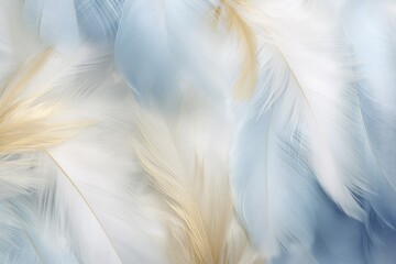 Wall Mural - Beautiful closeup feather background in light blue and gold colors. Macro texture of colorful fluffy feathers from tropical bird. Minimal abstract pattern with copy space