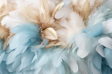 Wall Mural - Beautiful closeup feather background in light blue and gold colors. Macro texture of colorful fluffy feathers from tropical bird. Minimal abstract pattern with copy space